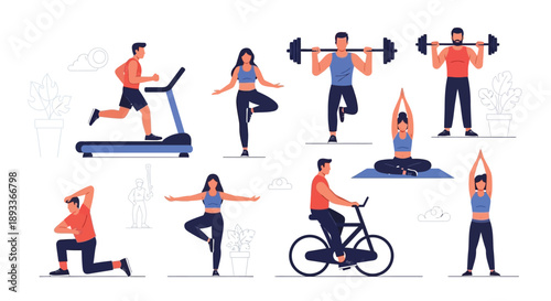 Diverse group of fit individuals engaging in various home fitness activities including running on a treadmill lifting weights and practicing yoga poses
