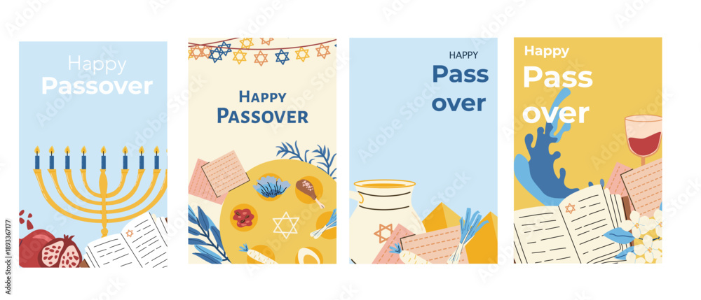 Fototapeta premium Happy Passover cards set in minimalist cartoon flat style. Jewish holiday poster set of Exodus of Egypt. Matzah, seder plate with food, waves and other elements.
