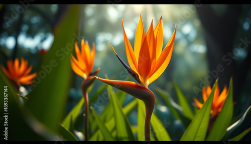 Vibrant Bird of Paradise Flowers Blooming in a Lush Green Garden
