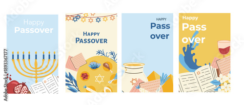 Happy Passover cards set in minimalist cartoon flat style. Jewish holiday poster set of Exodus of Egypt. Matzah, seder plate with food, waves and other elements.