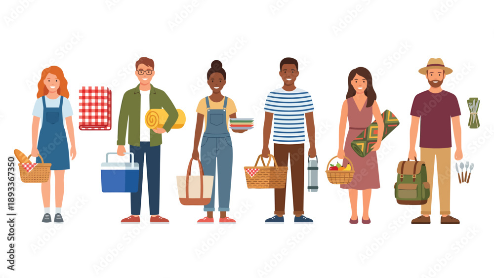 Obraz premium Diverse Group of Friends with Picnic Essentials. Flat Vector Illustration of People Holding Baskets, Coolers, and Blankets for Outdoor Gathering