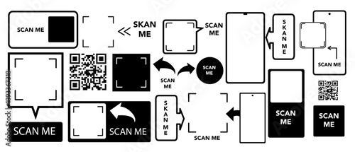 Scan me. QR code badge and frame set. Black vector icons and square shapes for discount tags, product cards, shop labels, and branding design.