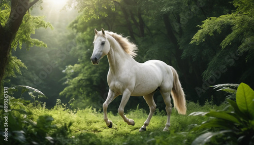 White Horse Running Through Forest with Sun Beams Streaming Through Trees