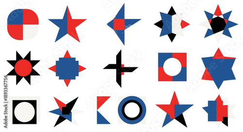 Free Download Arrangement of geometric shapes with red blue white and black abstract forms and patterns - GFXLoad
