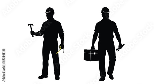 Silhouettes of two construction workers one with a hammer and toolbox
