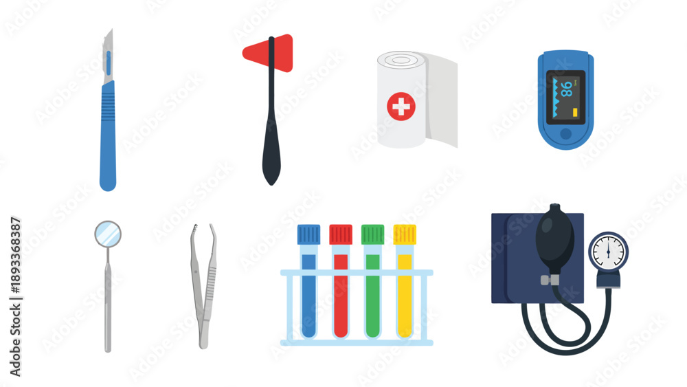 Fototapeta premium Medical Instruments and Healthcare Supplies Set. Essential Diagnostic Tools and Hospital Equipment Icons in Flat Design