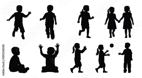 Silhouettes of children in various playful poses and activities