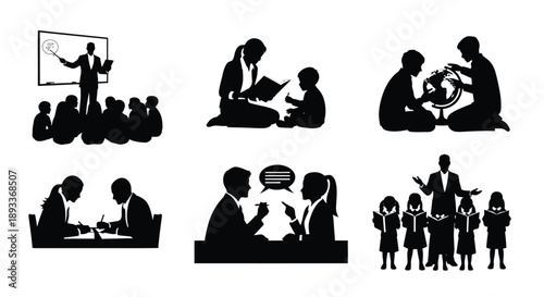 Silhouette illustrations depicting various professional and educational scenarios