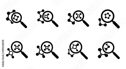 Black and white icons depicting magnifying glasses with molecular structures