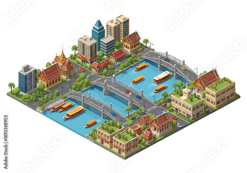 Isometric 3D view illustration of a Bangkok-inspired river city landscape with canals, boats, bridges, green areas, and mixed urban development