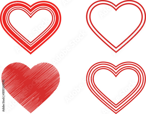 Red heart icon set with layered, outline and sketch styles isolated on white background for love, romance and valentine design