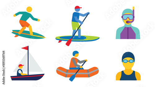 Flat design water sports icons set: surfing, paddleboarding, snorkeling, sailing, rafting, and swimming activities