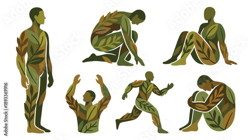 Leaf-covered human figures in diverse poses, symbolizing nature, sustainability, and environmental connection