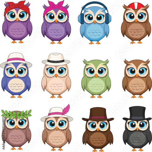 Wallpaper Mural Cute owl characters wearing hats and accessories cartoon vector illustration set for kids Torontodigital.ca