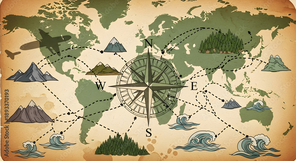 Fototapeta premium Vintage world map with compass rose and travel icons, antique parchment texture with nautical elements, retro global exploration map for adventure design