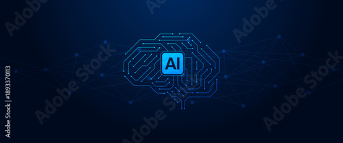Cyborg brain AI circuit board. Brain idea technology digital ai line on dark blue background. Digital human artificial intelligence
