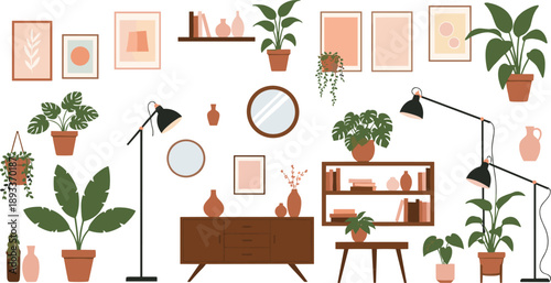 Modern home interior decor elements with plants and furniture flat vector illustration set