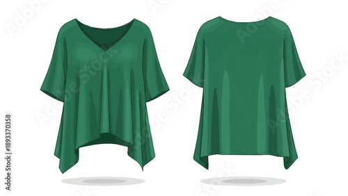 Contemporary forest green women's v-neck tunic top garment, showcasing a relaxed silhouette and modern asymmetric hemline design, front and back