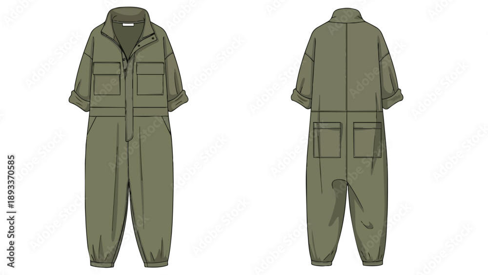Naklejka premium Technical flat sketch of a relaxed-fit sage green utility jumpsuit, front and back views