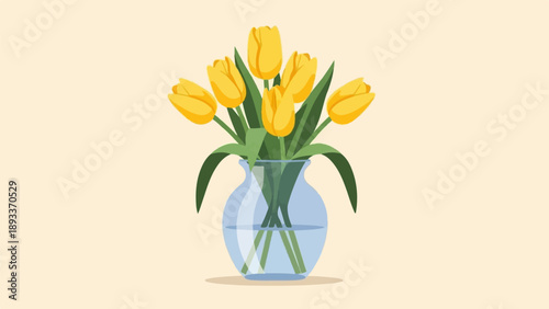 A simple, flat illustration of a bouquet of yellow tulips in a glass vase