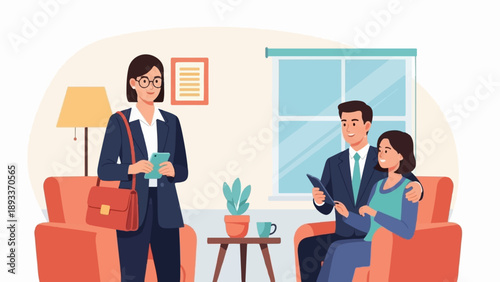 A professional discusses plans with a couple in a living room setting