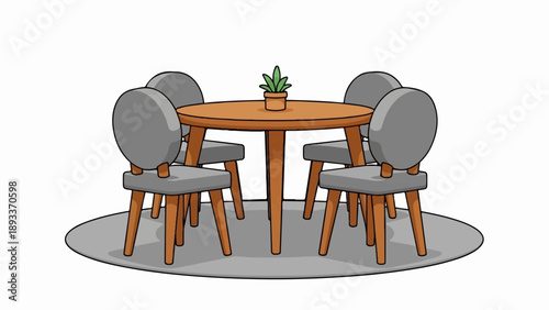 A round wooden table with four chairs and a small potted plant