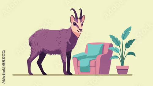 A purple-hued creature stands next to a pink armchair and a potted plant