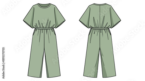 Technical flat drawing of a chic sage green women's jumpsuit featuring wide dolman sleeves and elasticized waist for modern comfort and versatile