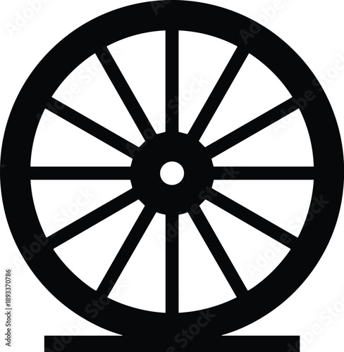 Minimal vector wheel icon silhouette, solid black, symmetrical spoke design, smooth edges, flat modern style, isolated on white.