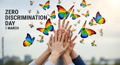 Zero Discrimination Day is observed annually on March 1st to promote equality, inclusion, and the right of everyone to live a full and productive life. Hands and  Multicolored rainbow butterflies fly.