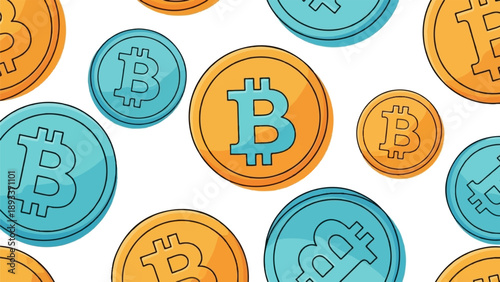 A seamless pattern of colorful cartoon coins with a prominent 'B' symbol