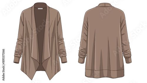 Detailed technical flat sketch illustration showcasing a versatile casual women's drape-front long-sleeve cardigan, ideal for fashion design and