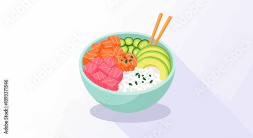 A vibrant poke bowl filled with tuna, salmon, avocado, cucumber, and rice
