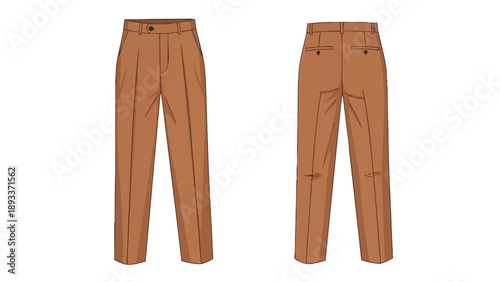 Precision technical flat sketch showcasing front and back views of a classic pair of versatile brown pleated trousers, ideal for comprehensive