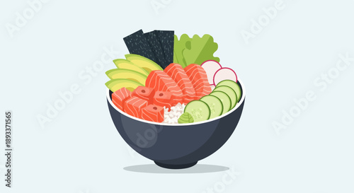 A vibrant poke bowl overflowing with fresh salmon, avocado, cucumber, and greens