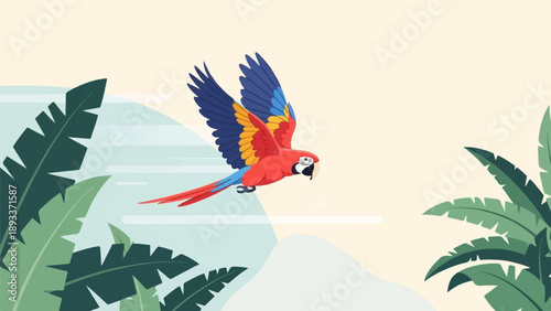 A vibrant red, blue, and yellow macaw soars through a minimalist tropical landscape
