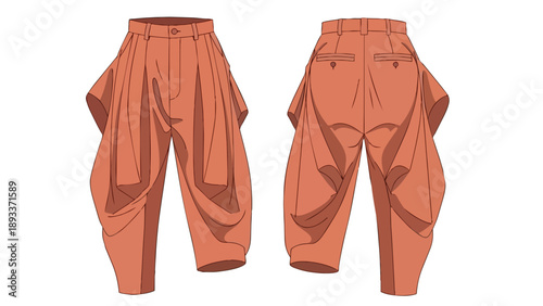 Conceptual fashion illustration showcasing avant-garde draped trousers in a rich earthy hue from both front and rear perspectives, ideal for design
