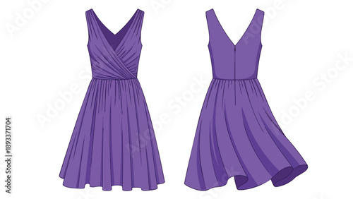 Stylish purple sleeveless dress featuring a flattering v-neck, intricate wrapped bodice, and flowing A-line skirt shown from front and rear