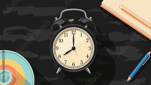 A vintage alarm clock rests on a dark desk next to an open book