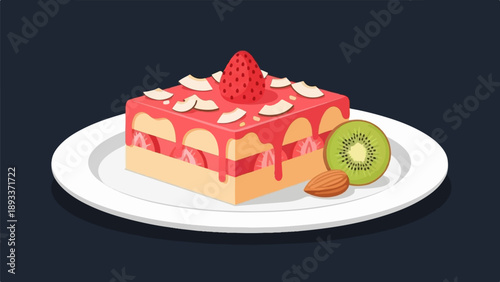 A square strawberry cake with kiwi slices and almonds on a white plate