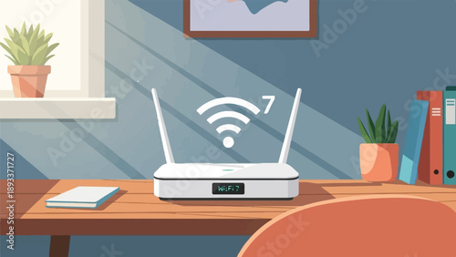 A white Wi-Fi router with antennas sits on a wooden desk, displaying Wi-Fi 7