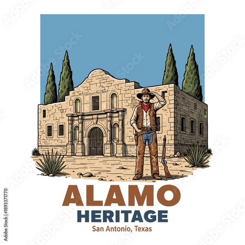 Cowboy ranger with rifle standing in front of The Alamo mission