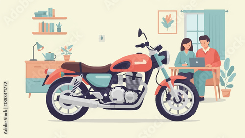A vintage motorcycle sits in a room with a couple working on a laptop at a table