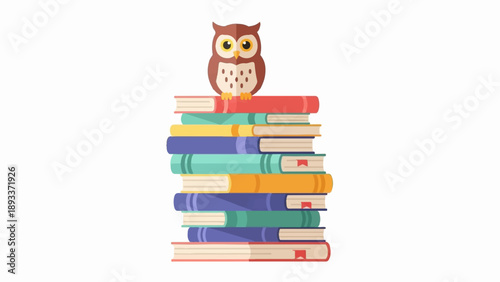 A wise owl perches atop a colorful stack of books, ready for learning