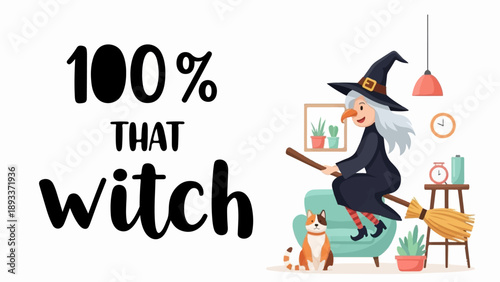 A witch rides her broomstick with her cat, 100% that witch