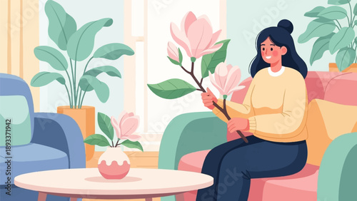A woman sits in a living room holding a branch with pink flowers