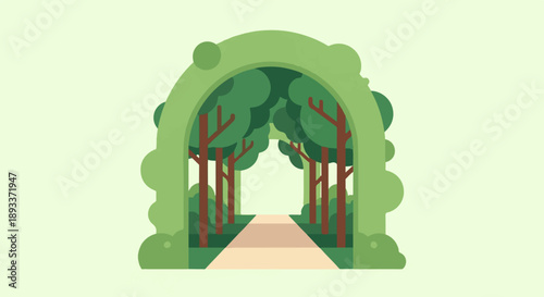 A stylized green archway frames a path lined with trees against a pale background