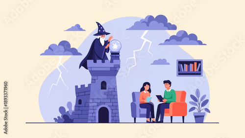 A wizard in a tower looks at a crystal ball while two people sit on chairs