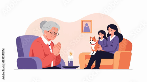 A woman, a child, and a dog sit on a couch while an elder prays by candlelight