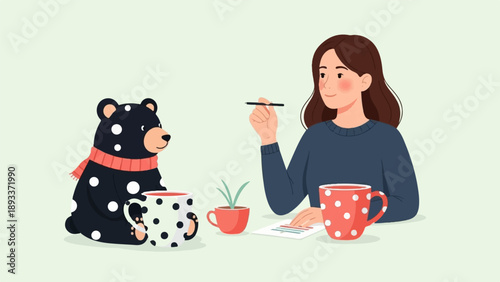 A woman and a bear with mugs on a table